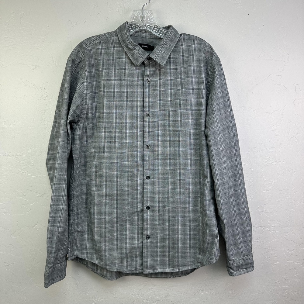 Vince Shirt Mens Large Gray Plaid Button Down Long Sleeve 100% Cotton Casual